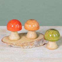 Article Champignons en bois décoratifs d'automne, verts, rouges et oranges, hauteur 6,5 cm, lot de 9.