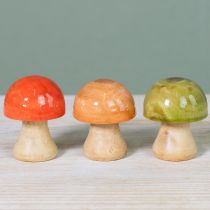 Article Champignons en bois décoratifs d'automne, verts, rouges et oranges, hauteur 6,5 cm, lot de 9.