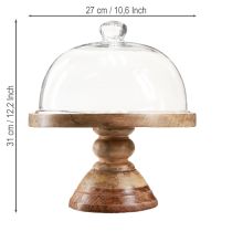 Article Assiette en bois avec cloche en verre, cloche décorative en verre, Ø 27 cm H 31 cm