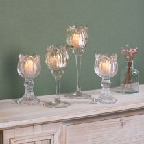 Article Bougeoir en verre en forme de fleur, idéal pour une décoration de table élégante, pour événements et mariages, 22 cm
