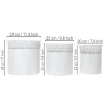 Article Pot de fleurs à motif dentelle, récipient en métal, seau décoratif, blanc, argenté, style shabby chic, H 28/25,5/23,5 cm, Ø 29,5/25,5/20 cm, lot de 3