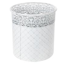 Article Pot de fleurs à motif dentelle, récipient en métal, seau décoratif, blanc, argenté, style shabby chic, H 28/25,5/23,5 cm, Ø 29,5/25,5/20 cm, lot de 3