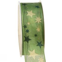 Article Ruban de Noël avec étoiles ruban cadeau vert avec bordure métallique 40mm 15m