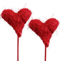 Coeur sisal 5cm rouge sur baton 24pcs