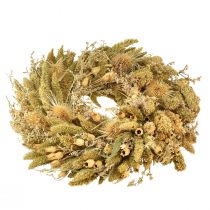 Article Couronne décorative séchée de chardons et de millet dans les tons jaune-vert olive, style champêtre naturel, Ø 28 cm, décoration murale et de table polyvalente