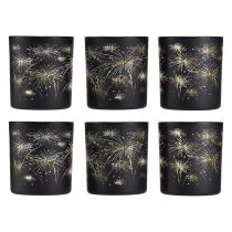 Article Ensemble de 6 lanternes en verre, noir et or, motif feu d'artifice, décoration festive, 9 cm