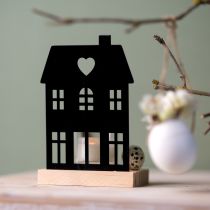 Article Lanterne maison métal noir avec socle en bois H15cm 2pcs