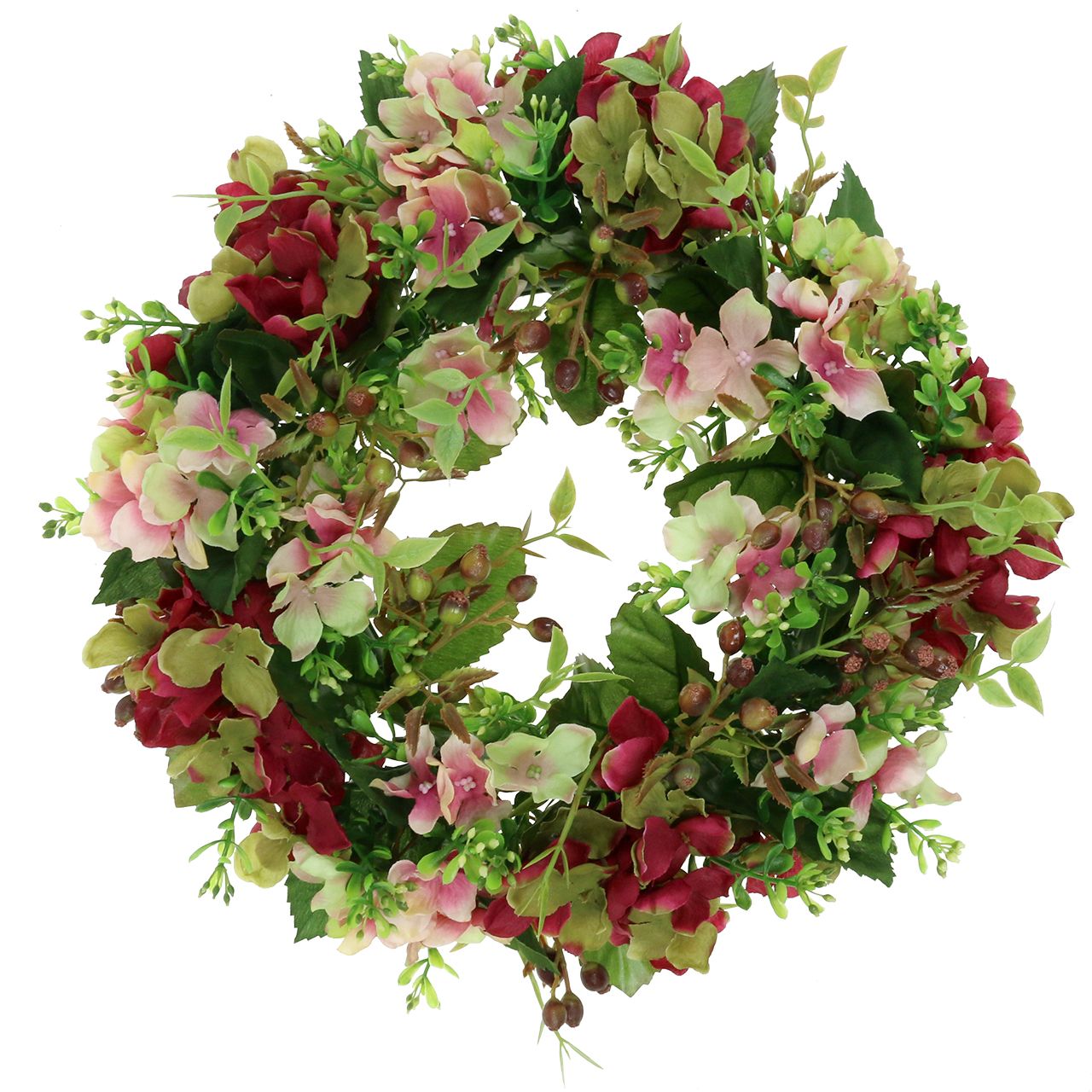 FGYZYP Couronne d'hortensia artificielle pour porte d'entrée, couronne de fleurs à suspendre avec baies et feuilles d'eucalyptus, fausse guirlande pour maison, mur, mariage, fenêtre, décoration