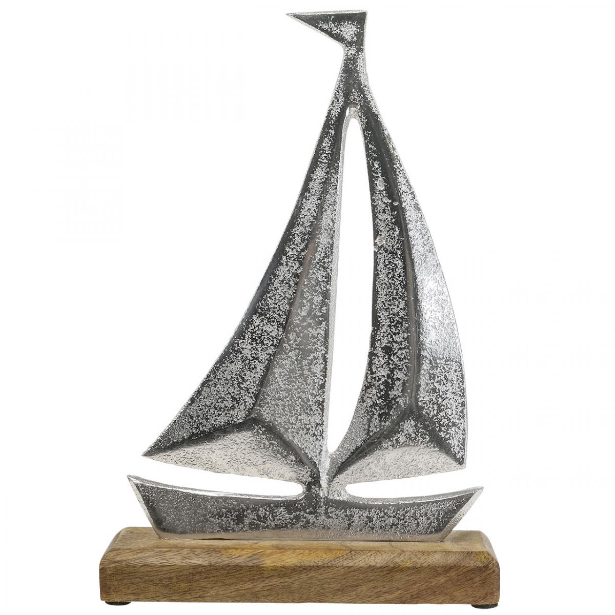 Navire décoratif maritime en métal - voilier avec base en bois de manguier - figurine