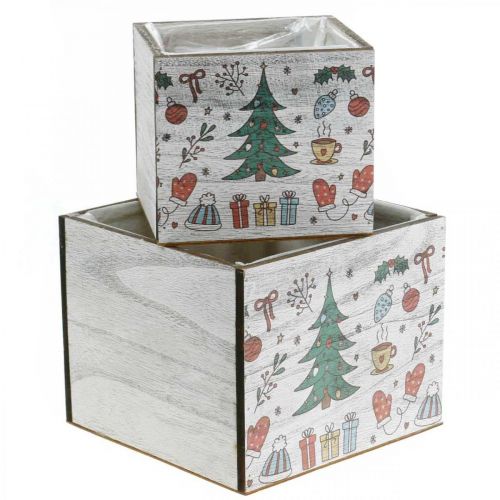 Floristik24 Jardinière en bois Décoration de Noël blanche, colorée 20 × 20/15 × 15cm, lot de 2