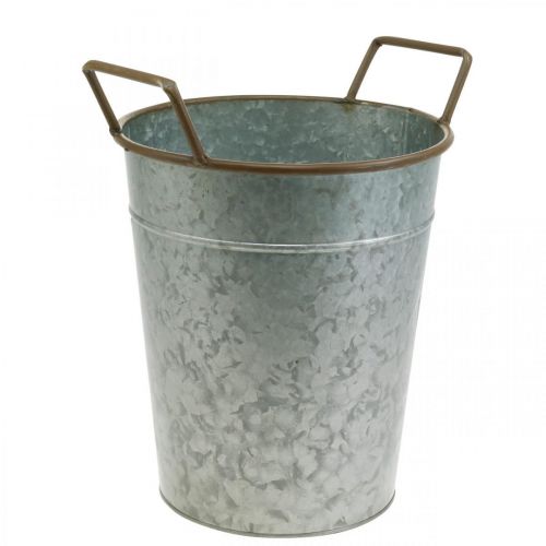 Article Jardinière avec poignées, récipient en métal pour planter, cache-pot argent, marron Ø24cm H32.5cm