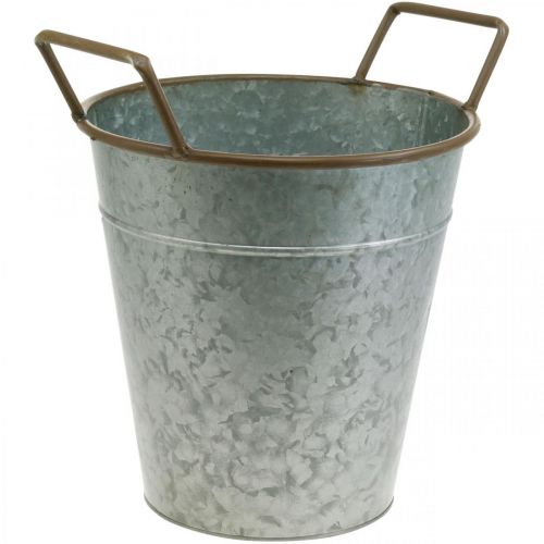 Pot métal à planter, jardinière avec anses, cache pot argent, marron Ø21cm H30.5cm