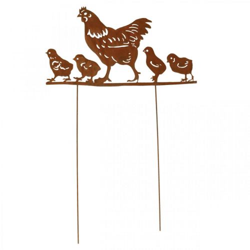 Floristik24 Bouchon fleuri, poule aux poussins, Pâques, décoration métal patiné H21cm L40cm