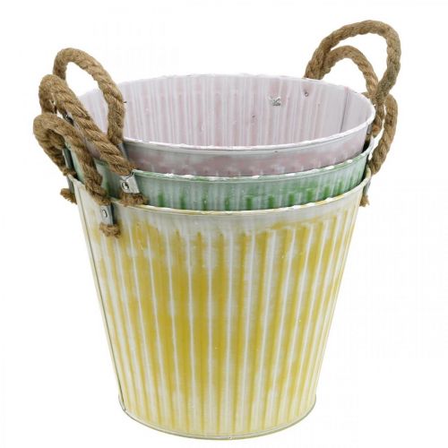 Floristik24 Seau à planter, jardinière avec anses, décoration métal rose/vert/jaune shabby chic Ø16,5 cm H15 cm lot de 3