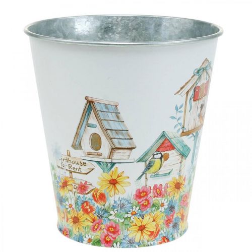 Floristik24 Pot en tôle avec nichoirs, décoration estivale, jardinière H14,5cm Ø13,5cm