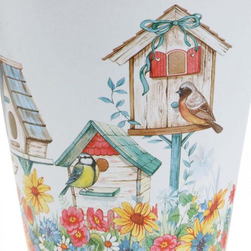 Pot en tôle avec nichoirs, décoration estivale, jardinière H14,5cm Ø13,5cm