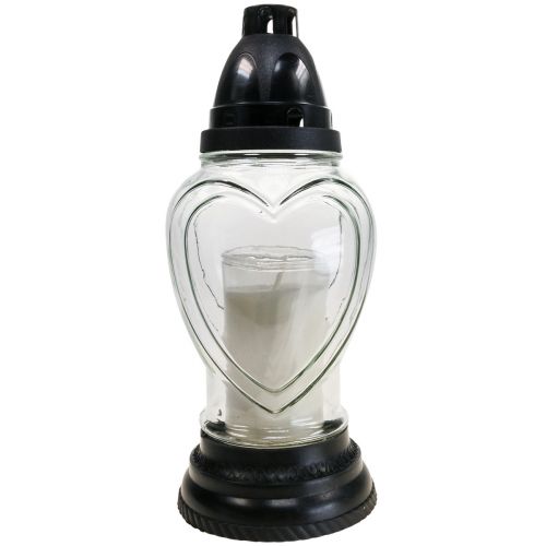 Floristik24 Lanterne funéraire en verre gravée en forme de cœur, transparente, Ø11cm H26cm