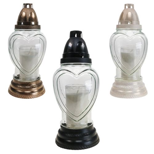 Floristik24 Lanterne funéraire en verre gravée en forme de cœur, transparente, Ø11cm H26cm