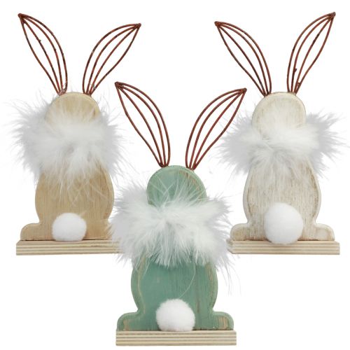 Lapin décoratif lapins en bois avec plumes décoration de Pâques H17,5cm 3pcs