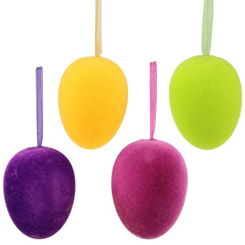Article Oeufs de Pâques décoratifs à suspendre colorés floqués H8cm 8 pcs
