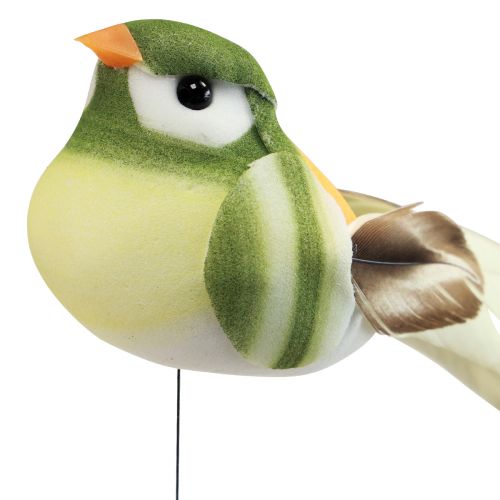 Article Oiseau en plumes sur fil oiseau décoratif avec plumes vert orange 4cm 12pcs