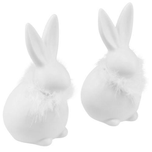 Article Lapin en Céramique Blanc Fleurs Assis Plumes 9×7×14cm 2pcs
