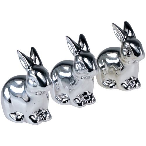 Lapin Argent Assis Céramique Aspect Métal 8.5cm 3pcs