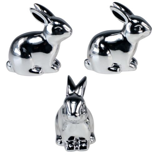 Floristik24 Lapin argenté assis en céramique aspect métal 8,5 cm 3 pcs