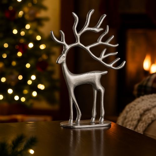 Article Décoration renne figurine cerf métal argenté H31cm
