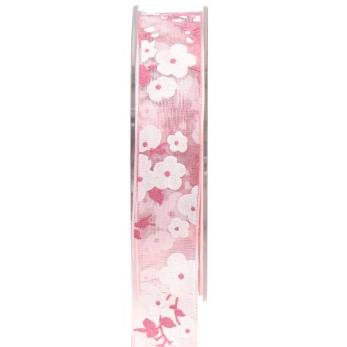 Ruban organza rose avec fleurs ruban cadeau 20mm 20m