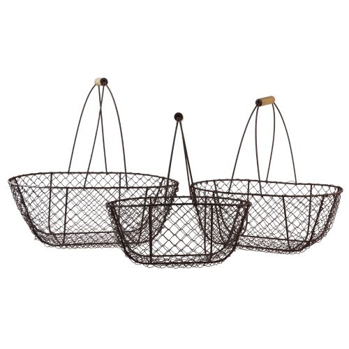 Corbeille en fil métallique ovale manche en bois 30/35,5/40cm lot de 3