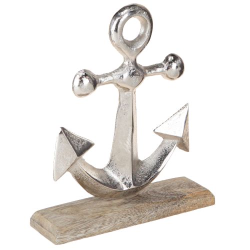 Article Ancre Décorative Métal sur Socle Bois Argent Naturel H21cm