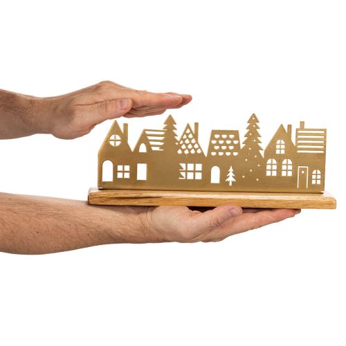 Silhouette de maisons en métal doré sur socle en bois 29 cm | Floristik24.fr