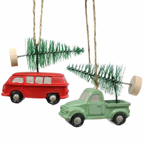 Floristik24 Décoration de sapin de Noël Voiture avec sapin Rouge / vert 2pcs