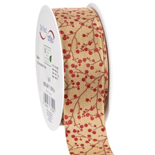 Ruban de décoration en tissu avec branches et baies rouges pailletées 40mm x 15m