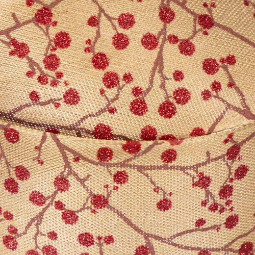 Ruban de décoration en tissu avec branches et baies rouges pailletées 40mm x 15m | Floristik24.fr