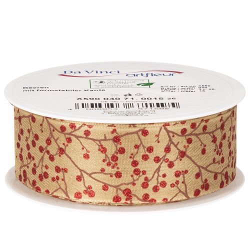 Ruban de décoration en tissu avec branches et baies rouges pailletées 40mm x 15m | Floristik24.fr