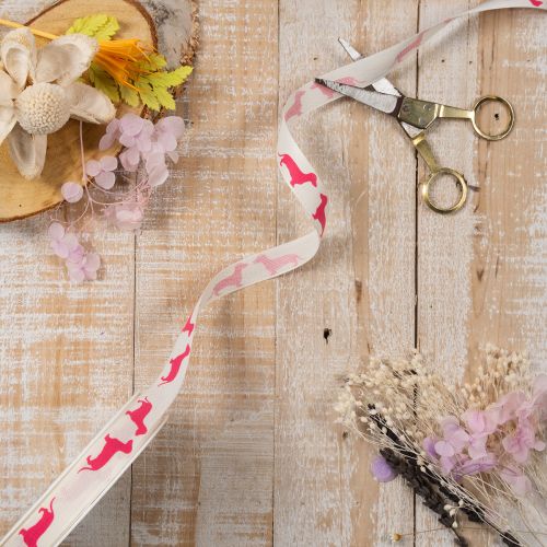 Ruban décoratif en polyester motif teckel rose 15 mm 18 m | Floristik24.fr