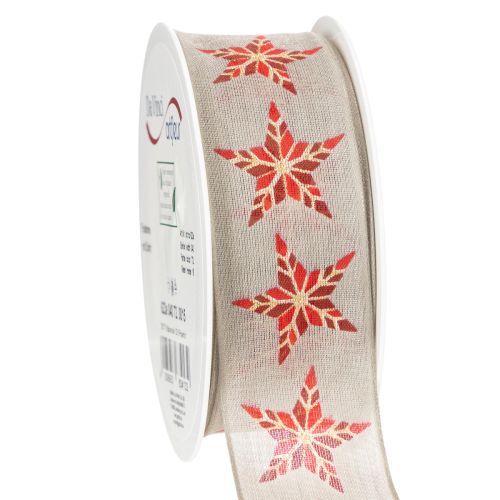 Ruban décoratif beige avec étoiles rouges fil de fer 40mm 15m