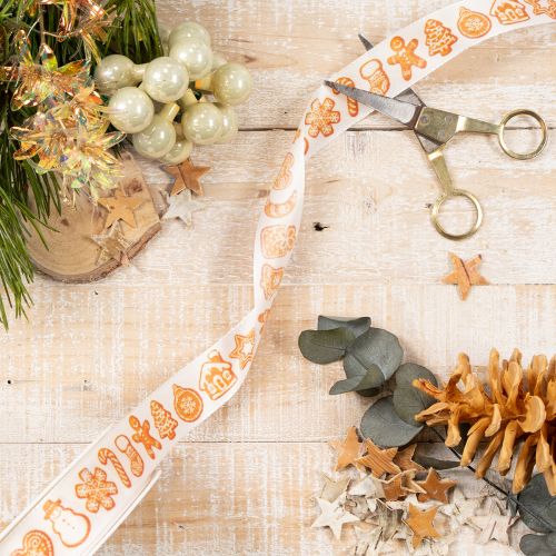 Ruban décoratif avec motifs de pain d'épices, 25 mm x 18 m, blanc et orange | Floristik24.fr