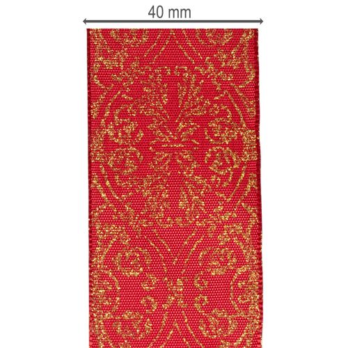 Ruban décoratif en polyester avec motifs dorés, 40 mm x 15 m, rouge et or | Floristik24.fr