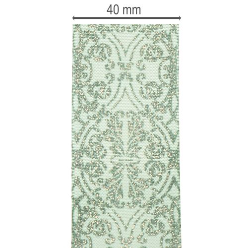 Ruban décoratif en polyester avec motif classique 40mm x 15m vert sauge | Floristik24.fr