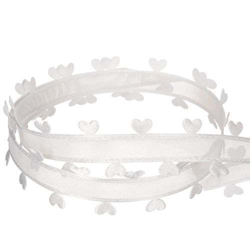 Ruban décoratif blanc avec motif cœur 20 mm x 15 m en polyester | Floristik24.fr