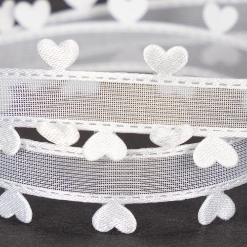 Ruban décoratif blanc avec motif cœur 20 mm x 15 m en polyester | Floristik24.fr