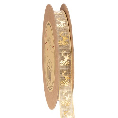 Ruban décoratif de Noël avec motif de cerf en polyester 15mm x 15m beige et doré acheter | Floristik24.fr