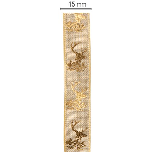 Ruban décoratif de Noël avec motif de cerf en polyester 15mm x 15m beige et doré | Floristik24.fr