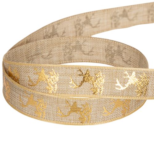 Ruban décoratif de Noël avec motif de cerf en polyester 15mm x 15m beige et doré | Floristik24.fr