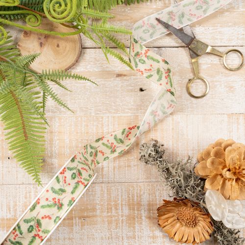Ruban décoratif avec houx et baies bord stable 25mm 18m | Floristik24.fr