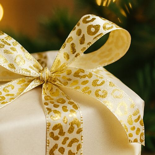 Article Ruban de soie imprimé léopard crème doré 15 mm 18 m