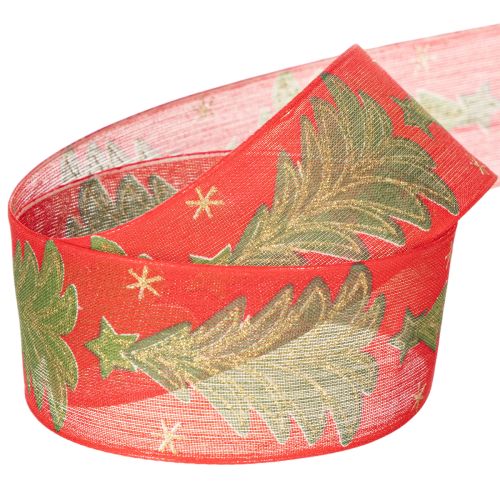 Ruban décoratif tissu sapins et étoiles 40mm 15m rouge, vert et doré | Floristik24.fr